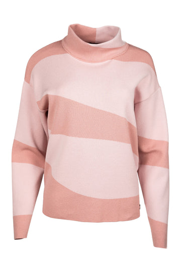 Weicher Feinstrickpullover mit lockerem Rollkragen in Rosa- und Apricottönen. Breite, geschwungene Streifen sorgen für einen modernen, femininen Look mit grafischem Akzent.