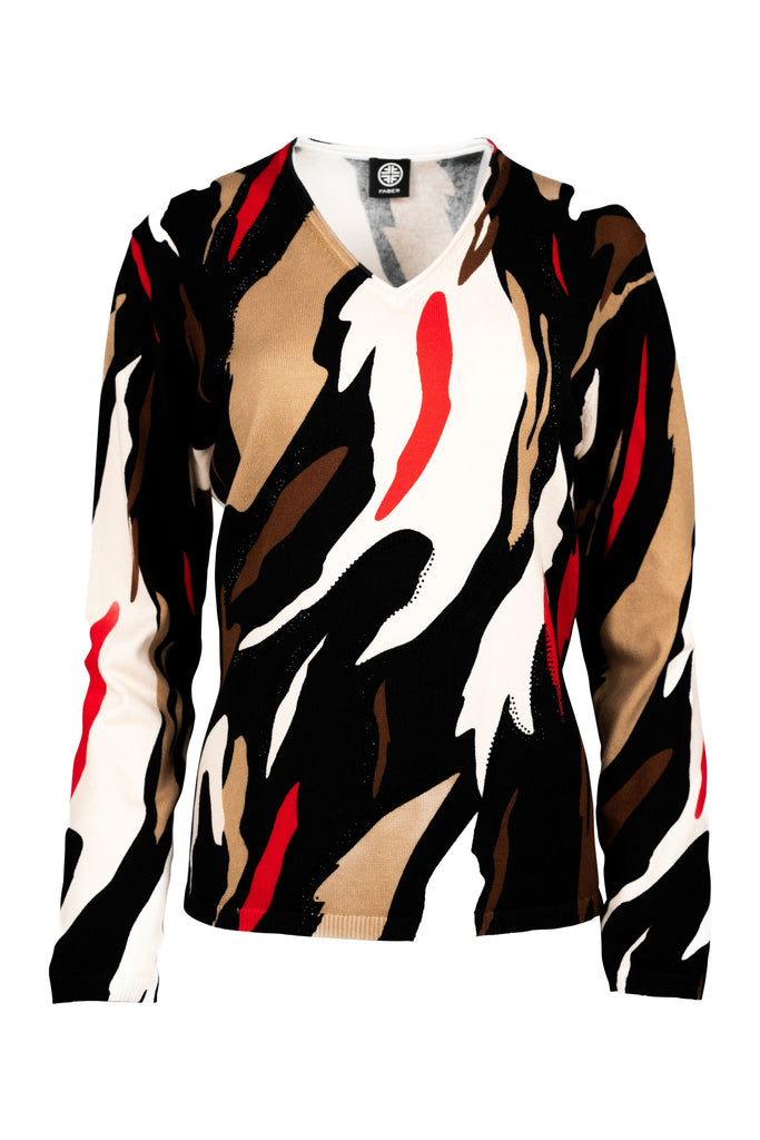 Langarmshirt mit V-Ausschnitt und ausdrucksstarkem Muster in Schwarz, Braun, Camel, Rot und Weiß. Das abstrakte Design in dynamischer Linienführung verleiht dem Shirt einen modernen, künstlerischen Look.