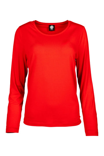 Langarmshirt in leuchtendem Rot mit Rundhalsausschnitt und schmaler Passform. Der schlichte, klassische Schnitt macht das Shirt zu einem vielseitigen Basic für jeden Tag.