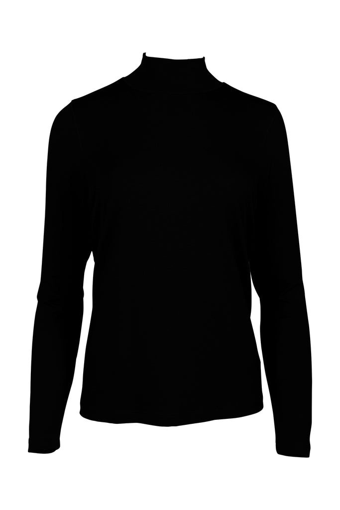 Schwarzes Langarmshirt mit Stehkragen und schmaler Passform. Das minimalistische Design eignet sich ideal als Basic für vielseitige Kombinationen im Alltag und Business.