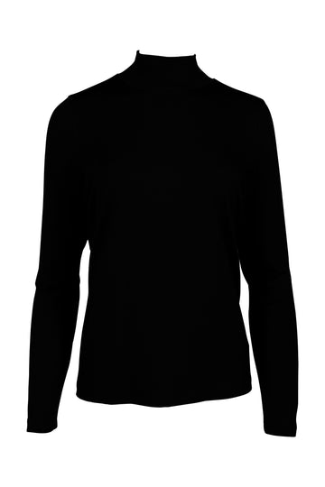 Schwarzes Langarmshirt mit Stehkragen und schmaler Passform. Das minimalistische Design eignet sich ideal als Basic für vielseitige Kombinationen im Alltag und Business.