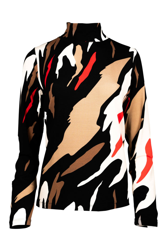 Langarmshirt mit Stehkragen und ausdrucksstarkem Allover-Print in Schwarz, Weiß, Camel, Braun und leuchtendem Rot. Die dynamische Musterung verleiht dem Shirt eine moderne und künstlerische Ausstrahlung.