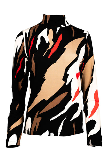 Langarmshirt mit Stehkragen und ausdrucksstarkem Allover-Print in Schwarz, Weiß, Camel, Braun und leuchtendem Rot. Die dynamische Musterung verleiht dem Shirt eine moderne und künstlerische Ausstrahlung.