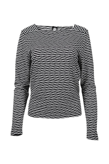 Langarmshirt mit schmalem geradem Ausschnitt und schwarz-weißem Wellenmuster. Der grafische Allover-Print verleiht dem figurnah geschnittenen Shirt eine moderne, optisch spannende Wirkung.
