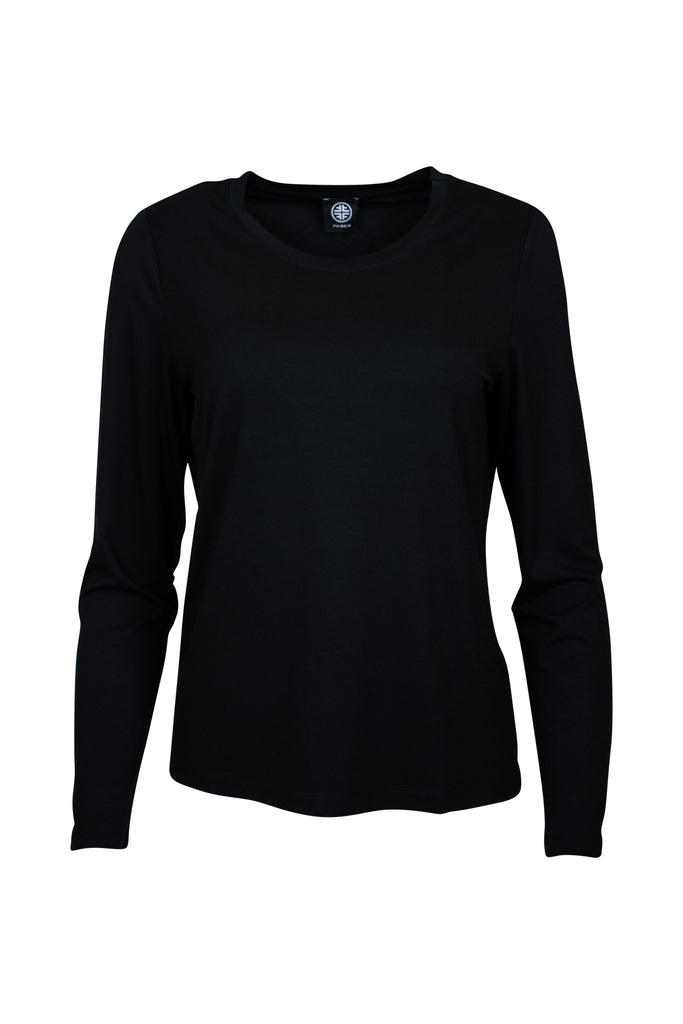 Langarmshirt in Schwarz mit Rundhalsausschnitt und schmaler Passform. Der schlichte, klassische Schnitt macht das Shirt zu einem vielseitigen Basic für jeden Tag.